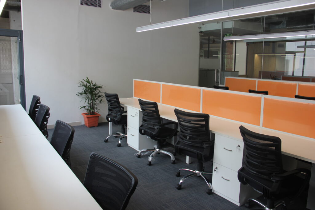 Ergonomic design wellness workspace with adjustable desks and bright lighting