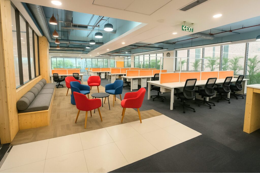 People enjoying work-life balance co-working space with open layouts, natural light, and wellness features.