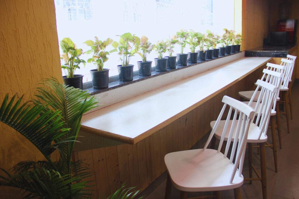 A modern sustainable workspace with greenery, natural light, and open layout promoting productivity